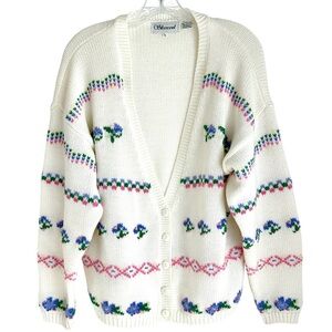 Silvercord Vintage 100% Acrylic Floral Pattern White Long Sleeve Cardigan Size L
